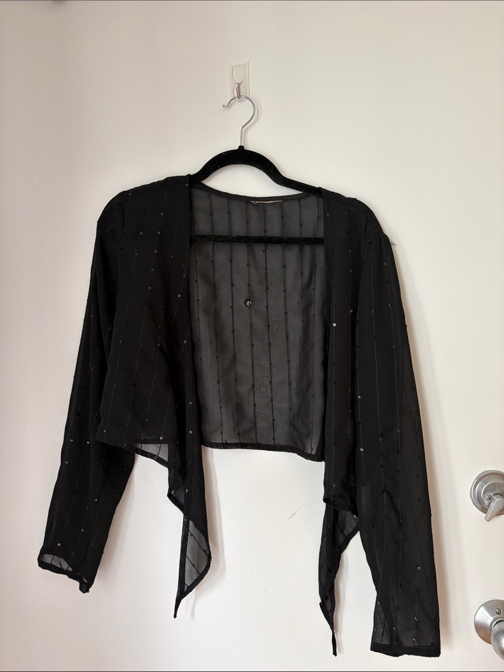 Vintage 90s Y2K Sheer Black Sequin Long Sleeve Bolero Tie Front Blouse Top Large